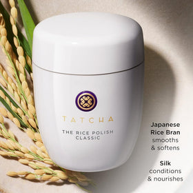 TATCHA Rice Polish label close-up showing ingredient names and clean formulation benefit