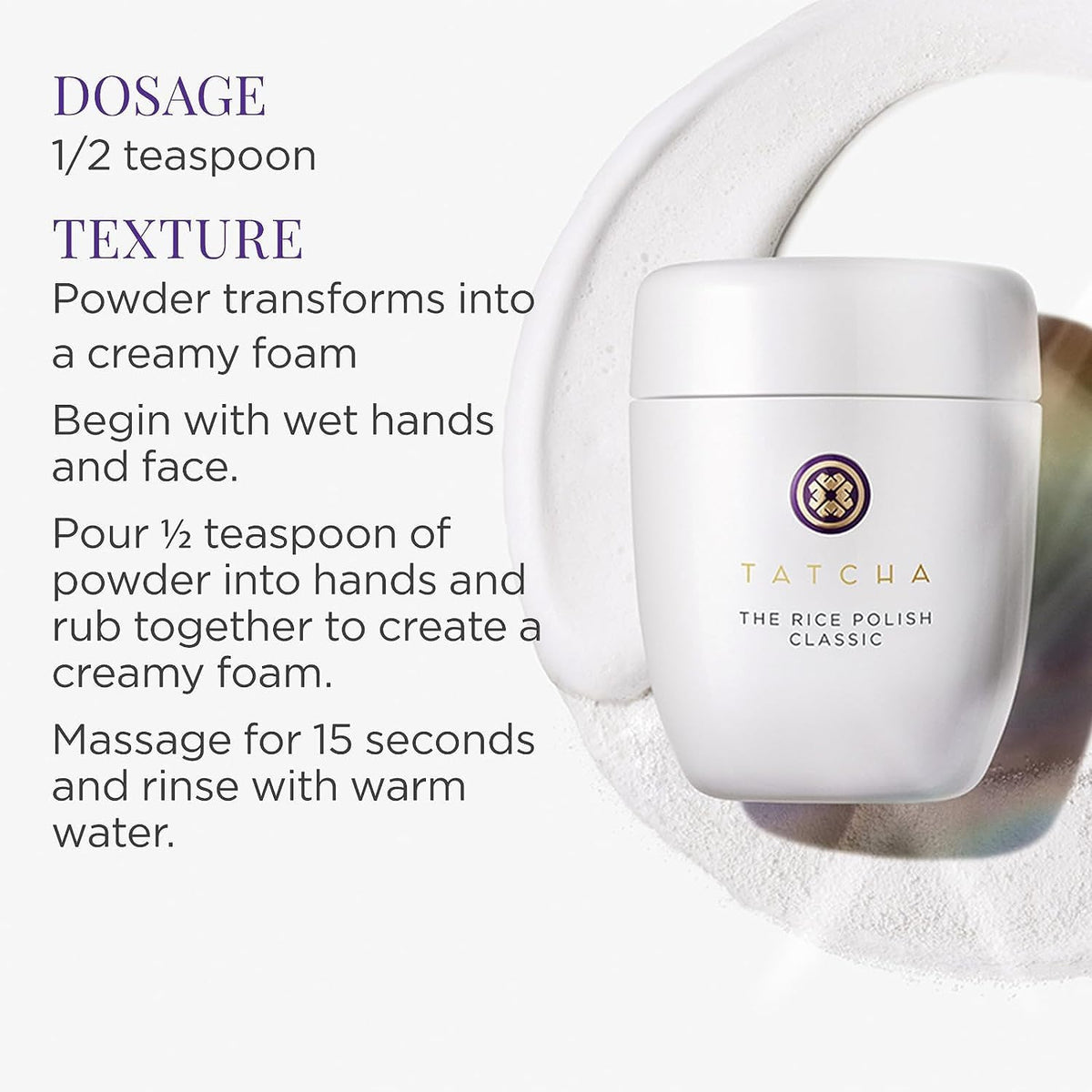 TATCHA Rice Polish next to travel items showing compact 60 g size and portability benefit