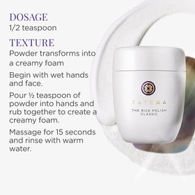 TATCHA Rice Polish next to travel items showing compact 60 g size and portability benefit