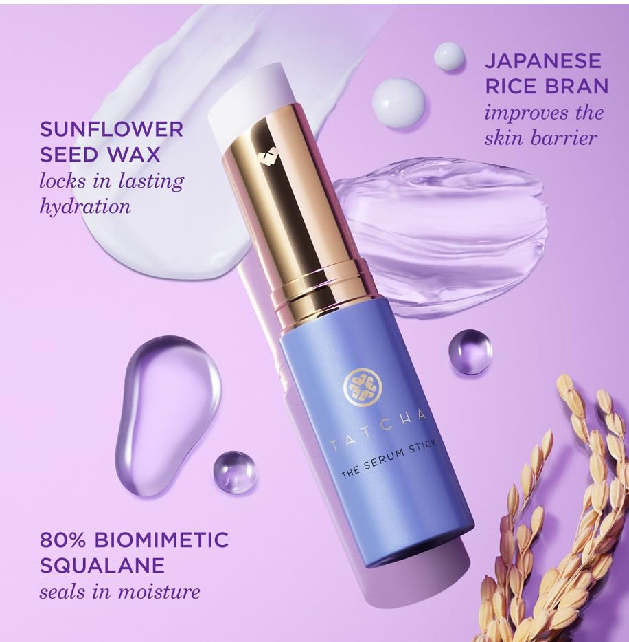 TATCHA serum stick label closeup highlighting ingredient focus and clarity benefit