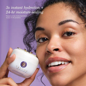 Applying TATCHA silk cream to cheek showing smooth finish and improved texture