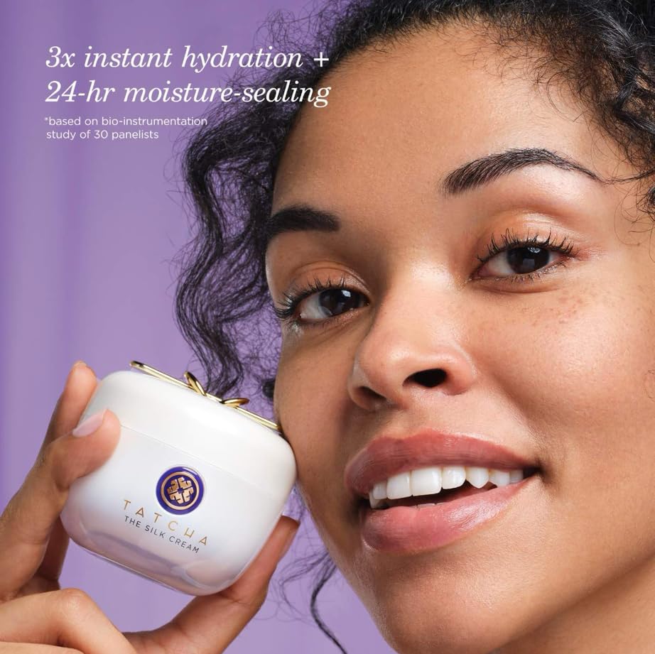 TATCHA cream texture close-up showing lightweight gel-cream and smooth finish