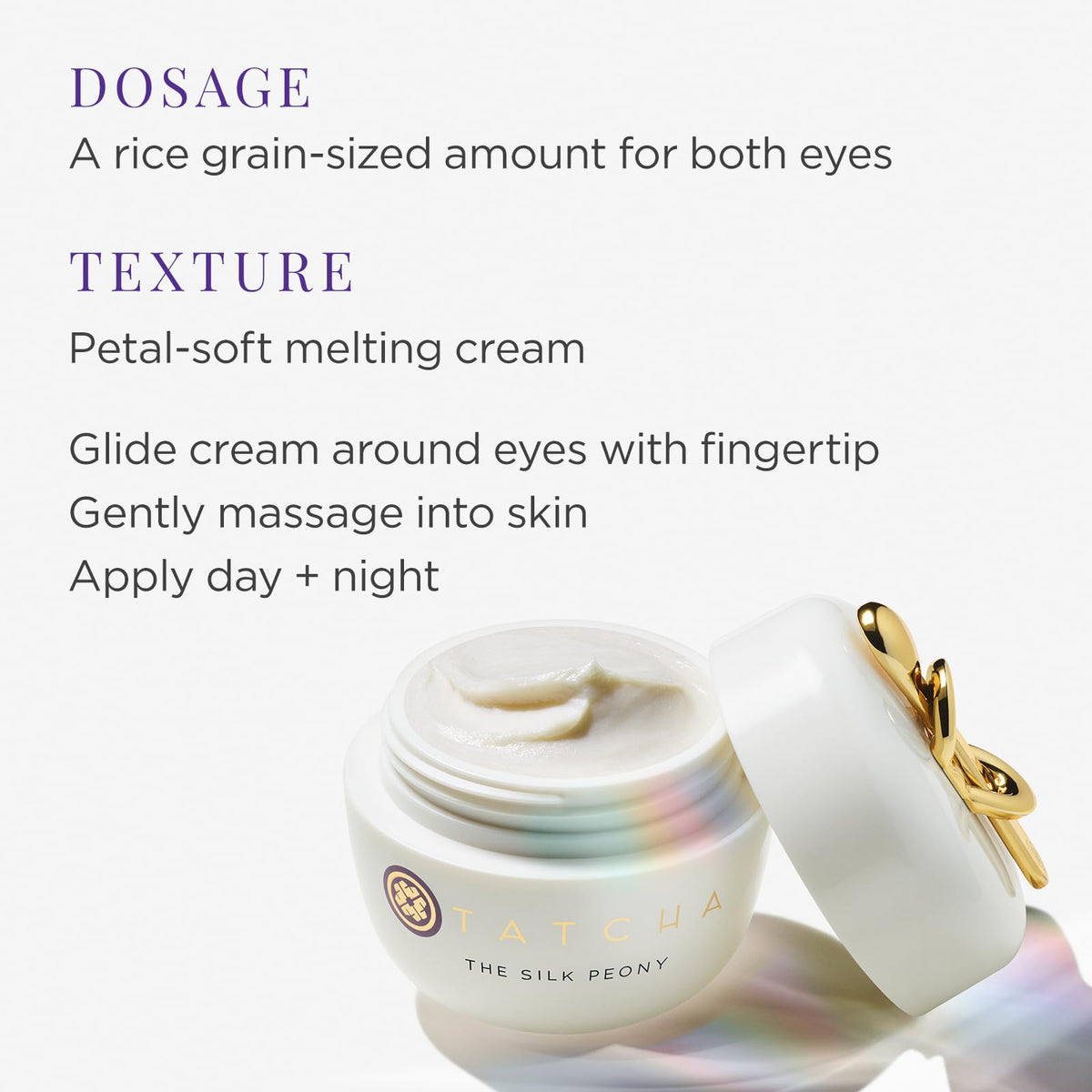 TATCHA applying cream under eye demonstrating smoothing and priming benefits