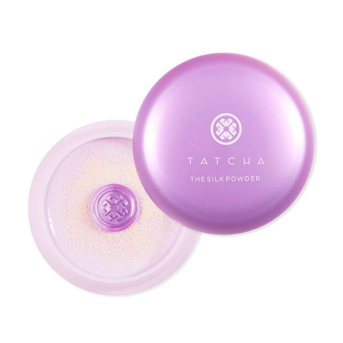TATCHA silk powder compact front view showing elegant packaging and brand clarity