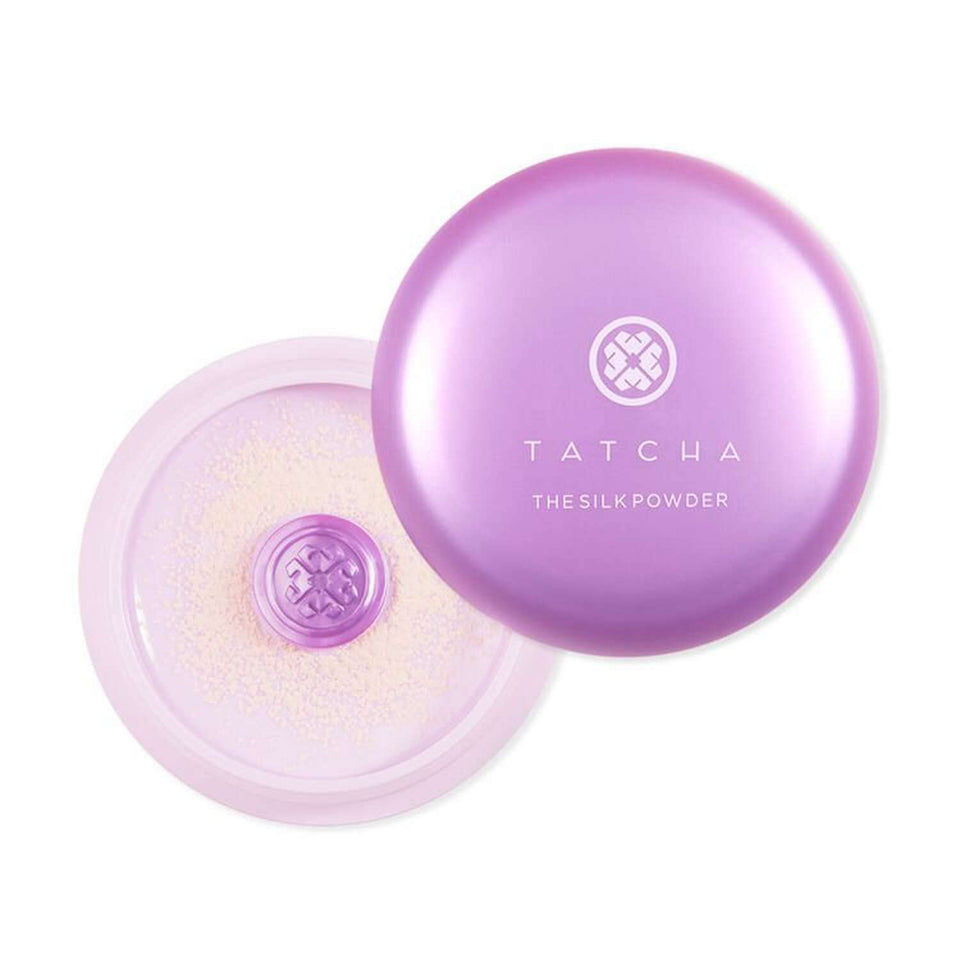 TATCHA silk powder compact front view showing elegant packaging and brand clarity