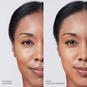 Model applying TATCHA silk powder delivering translucent finish and natural radiance