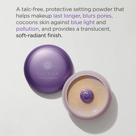 TATCHA silk powder open with puff highlighting easy application and soft finish