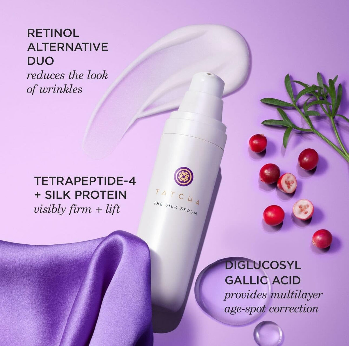 TATCHA silk serum held in hand for size and travel-friendly benefit
