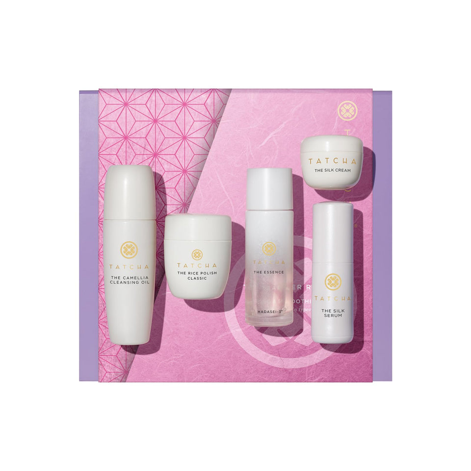 TATCHA starter set front packaging showing curated travel-size products and value