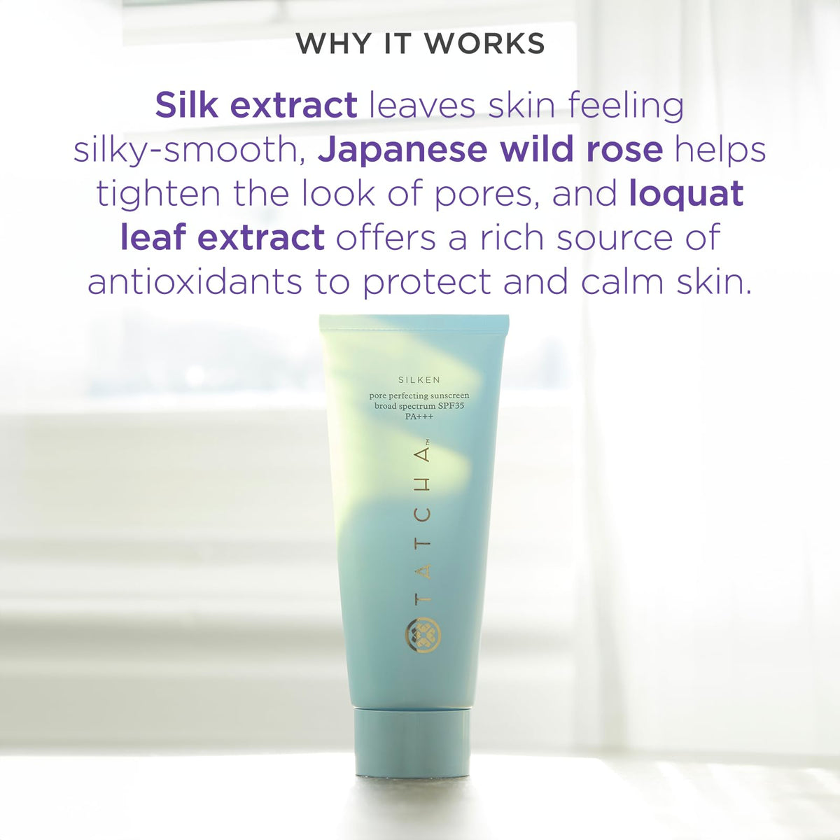 TATCHA sunscreen held in hand for size reference, shows travel-friendly 60 ml