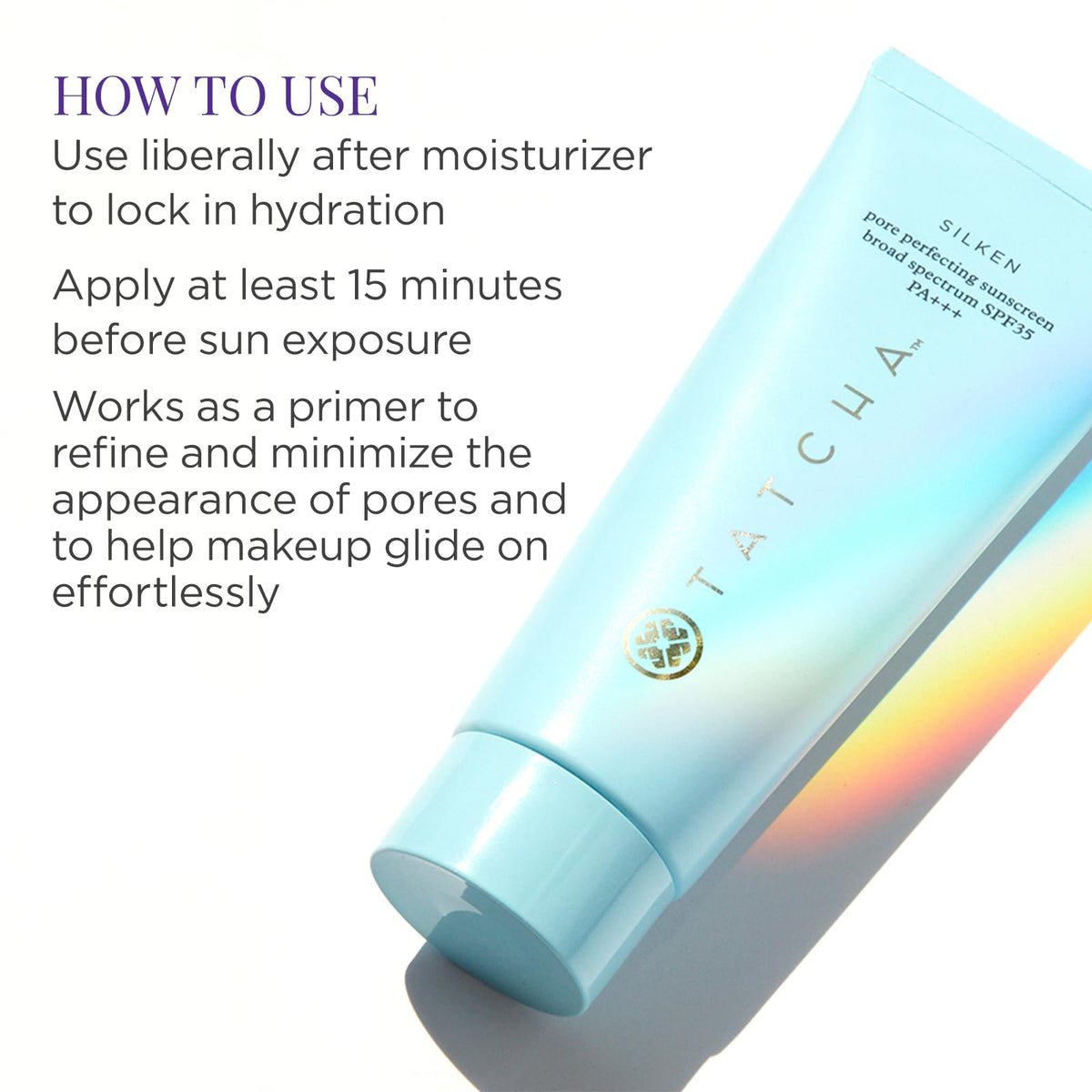 TATCHA pump dispensing sunscreen, highlights easy, controlled application