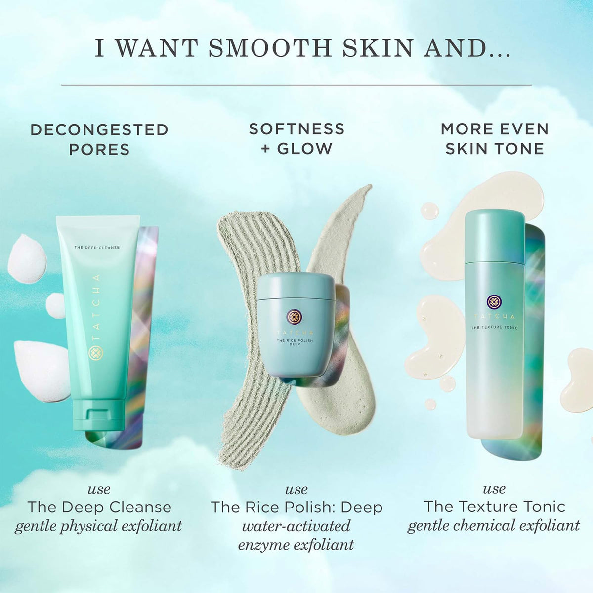 TATCHA before and after skin swatch displaying smoother, balanced results