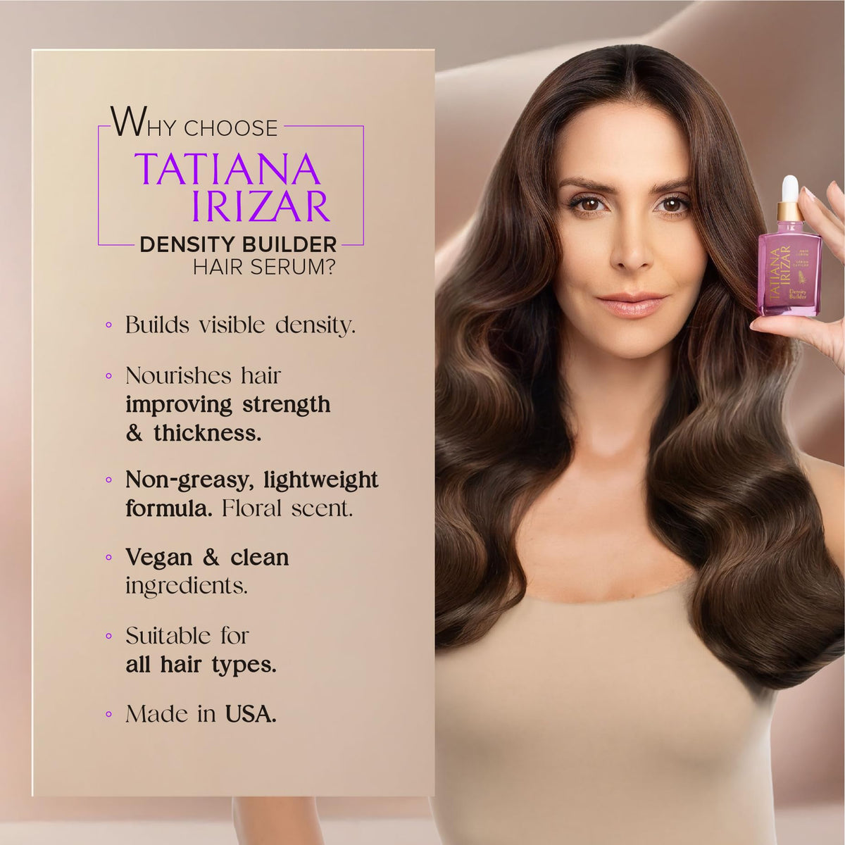 Tatiana Irizar label close-up highlighting peptides, biotin and botanical ingredients
