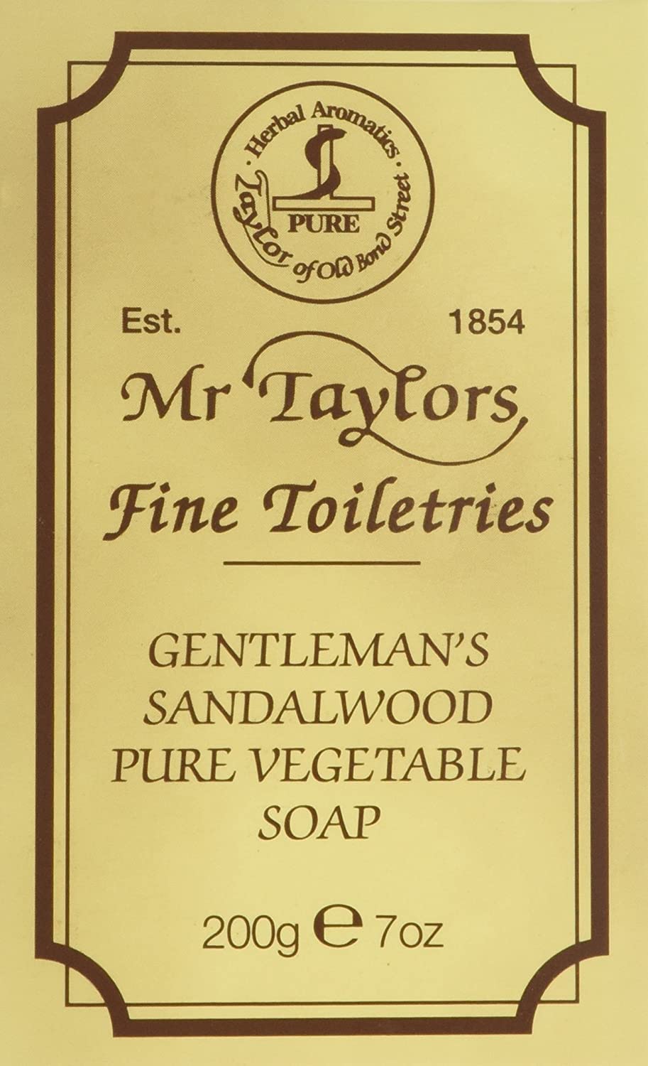 Taylor of Old Bond Street front packaging showing 200g sandalwood soap benefit long-lasting