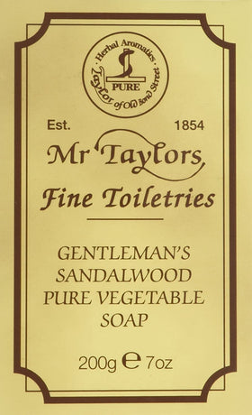 Taylor of Old Bond Street front packaging showing 200g sandalwood soap benefit long-lasting