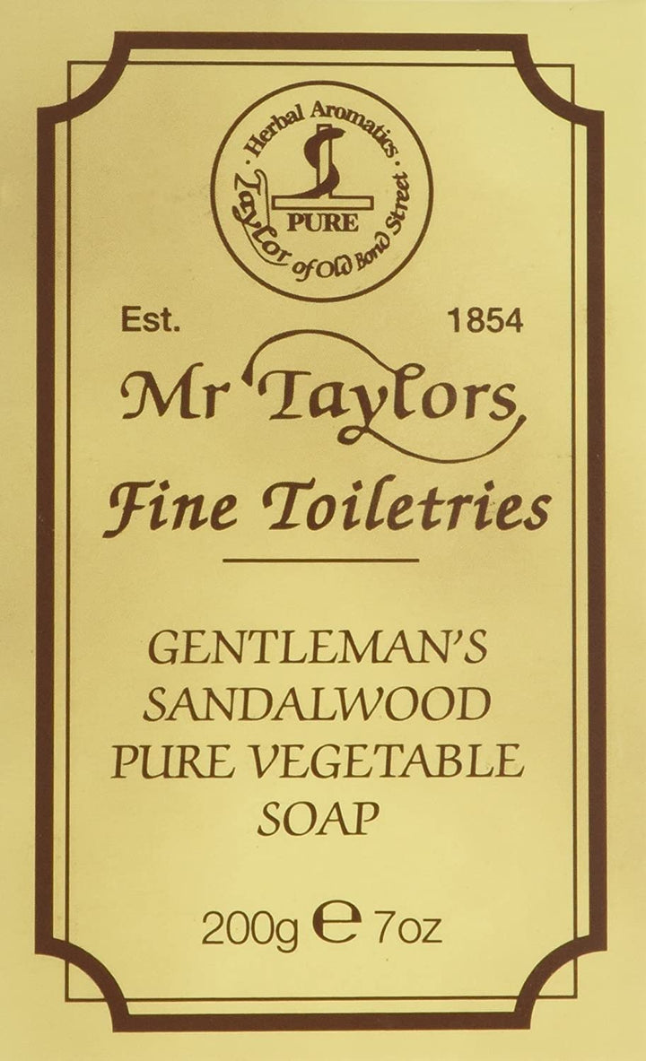 Taylor of Old Bond Street front packaging showing 200g sandalwood soap benefit long-lasting