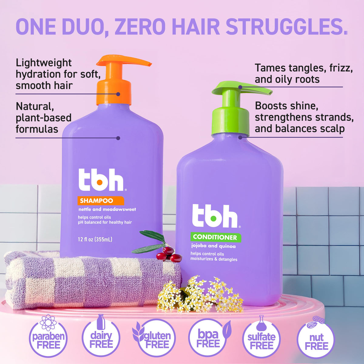 TBH bottle label detail highlighting botanicals like quinoa and jojoba