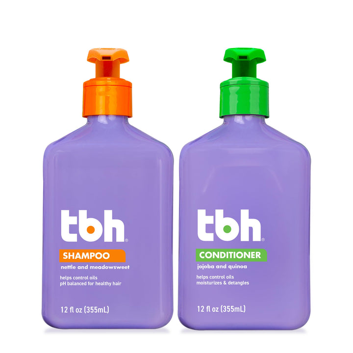 TBH front packaging showing both shampoo and conditioner, easy family use benefit