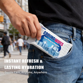 TCANG wipe in hand demonstrating cooling wipe application and refreshment