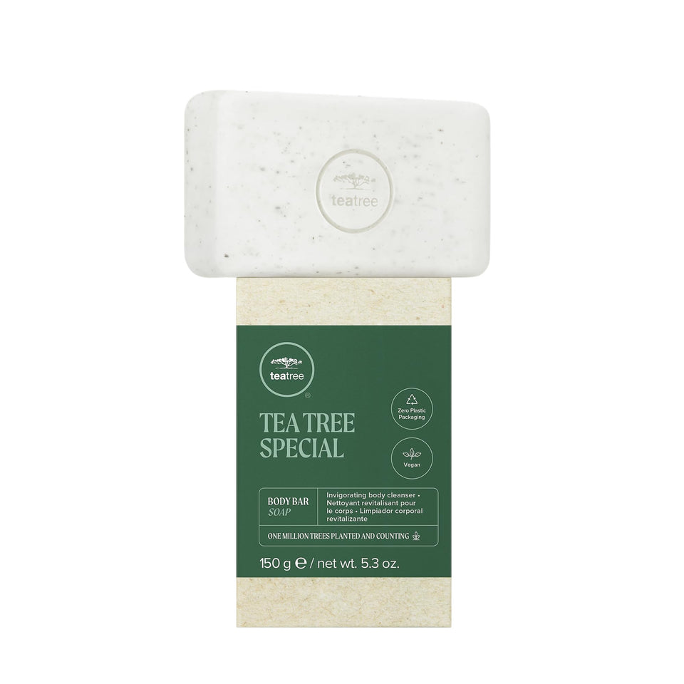 Tea Tree body bar front packaging showing brand and bar for easy identification and benefit