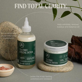 Tea Tree label detail focusing on ingredient list and user guidance benefit