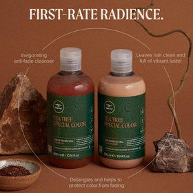Tea Tree close-up of pump and label highlighting product details and salon-quality benefits