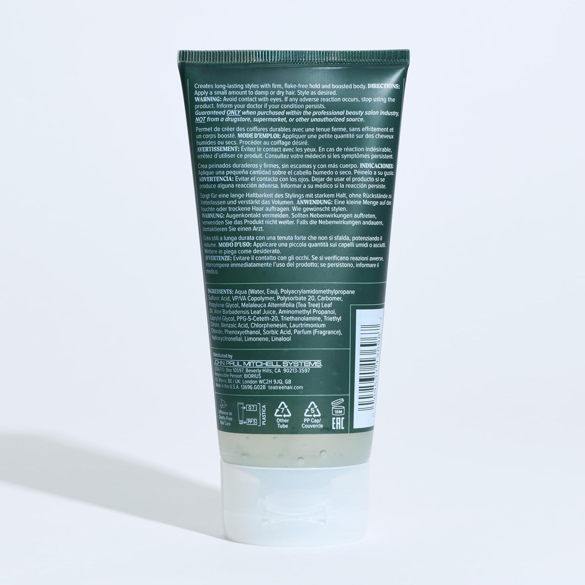 Tea Tree in-use styling scene showing glossy, long-lasting control