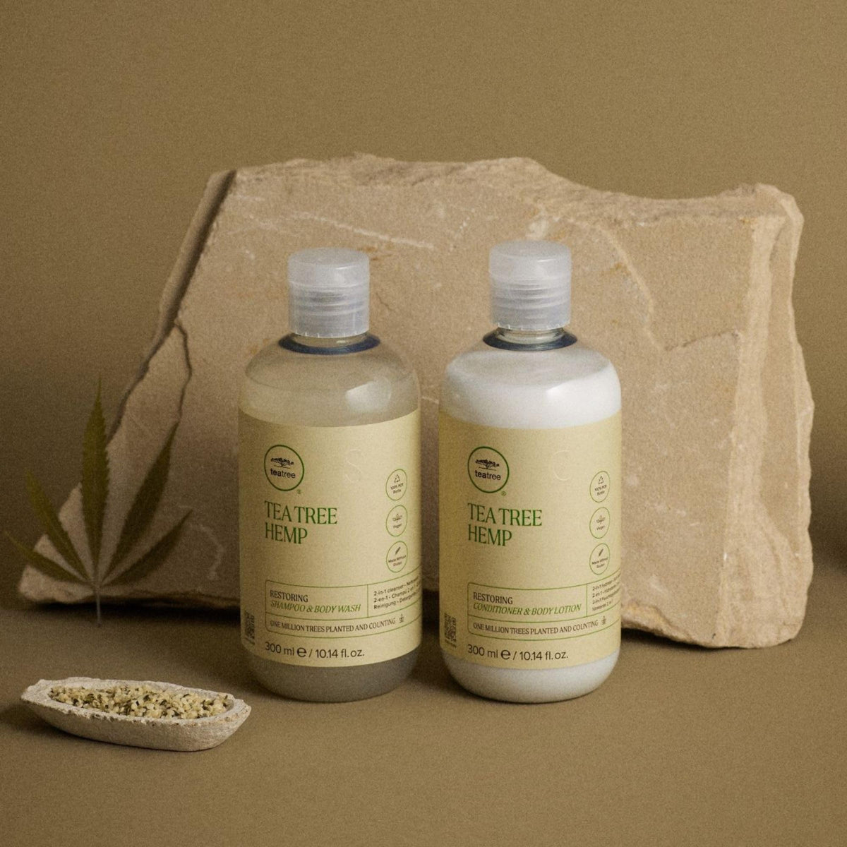 Tea Tree label close-up showing hemp ingredient benefits