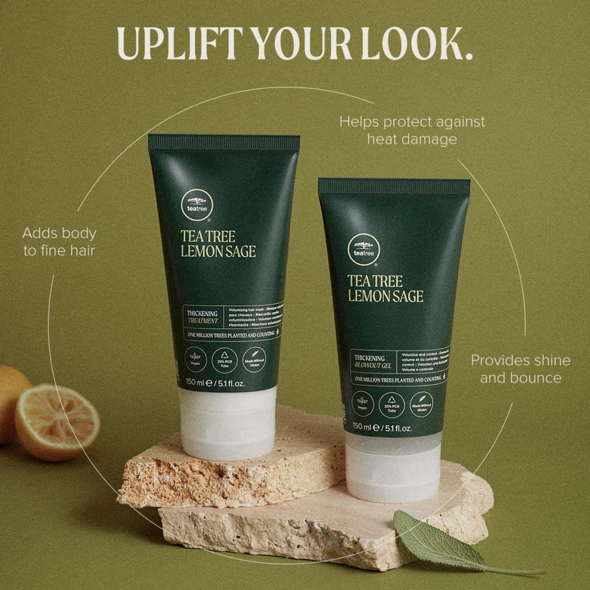 Tea Tree label close-up highlighting ingredients and benefits