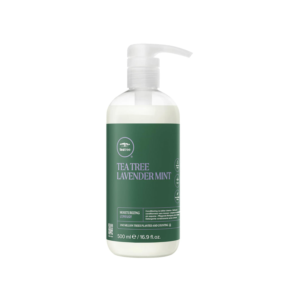 Tea Tree front bottle showing cowash label and benefit of gentle cleansing