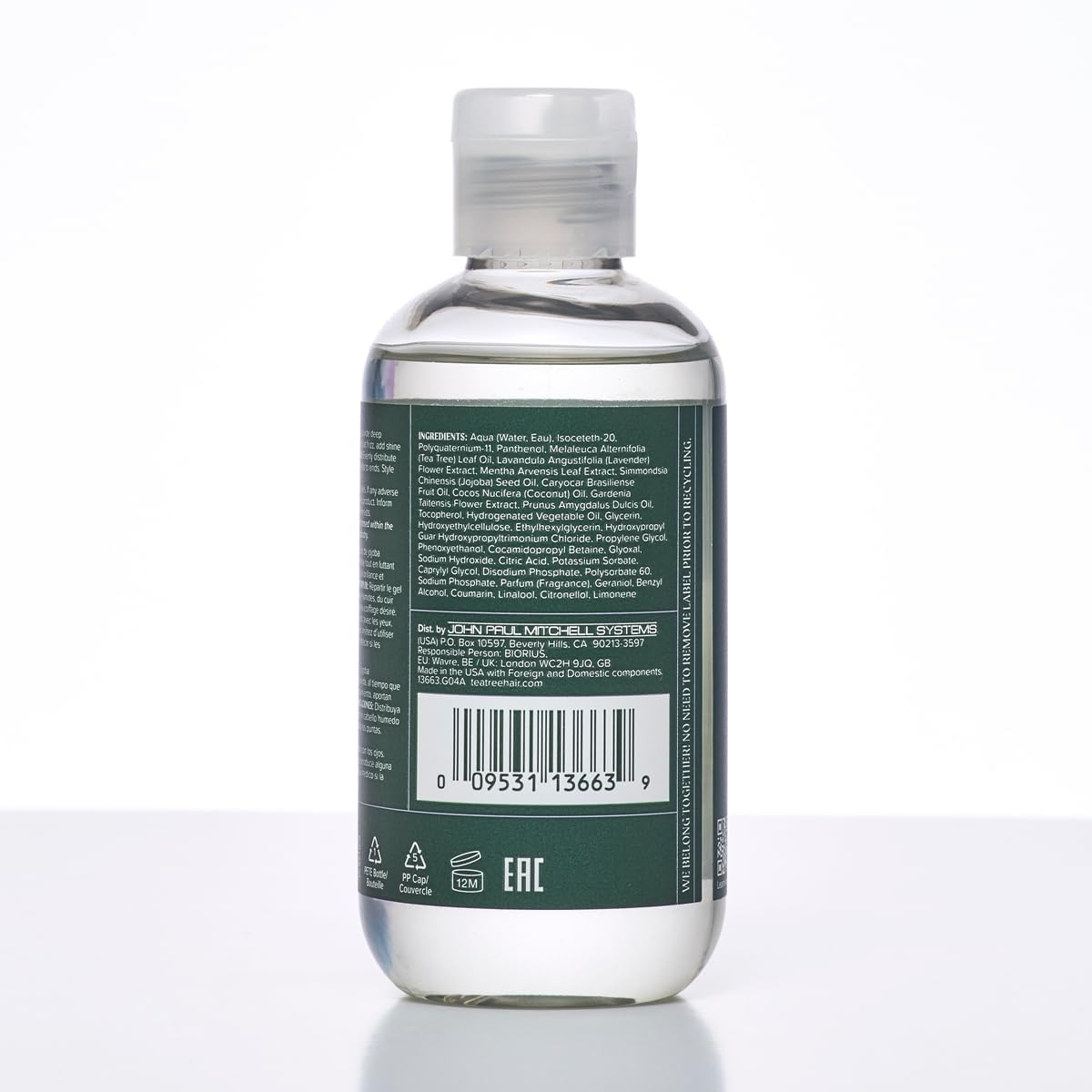 Tea Tree gel on bathroom shelf conveying calming lavender-mint styling routine