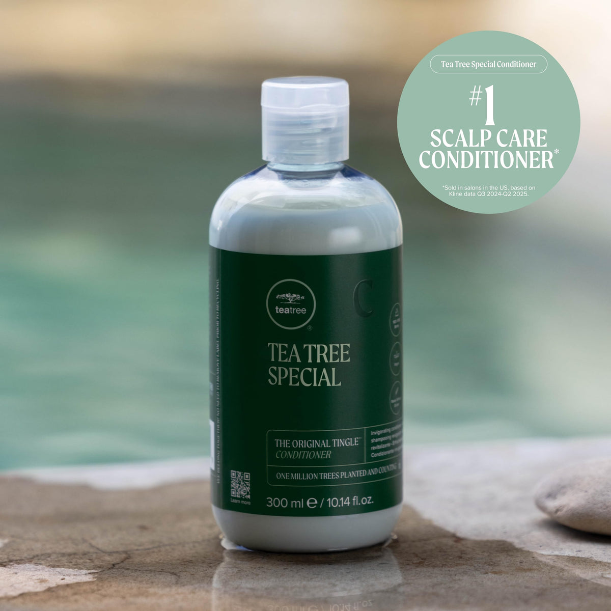 Tea Tree on a bathroom shelf lifestyle image conveying salon scent and daily ritual
