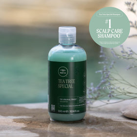 Tea Tree on bathroom shelf styled to suggest salon-quality routine at home