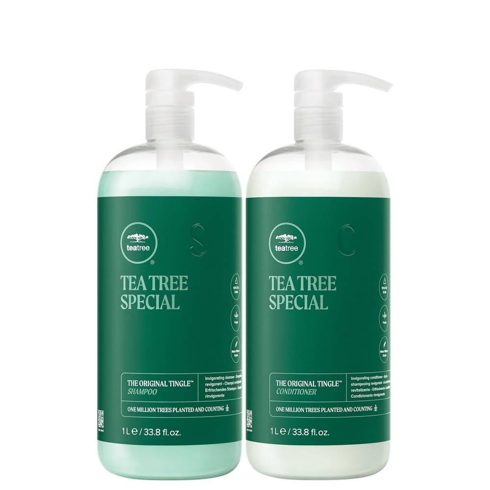 Tea Tree liter duo front packaging showing shampoo and conditioner, invigorating cleansing benefit