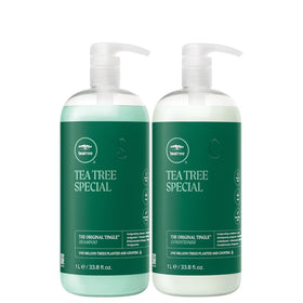 Tea Tree liter duo front packaging showing shampoo and conditioner, invigorating cleansing benefit