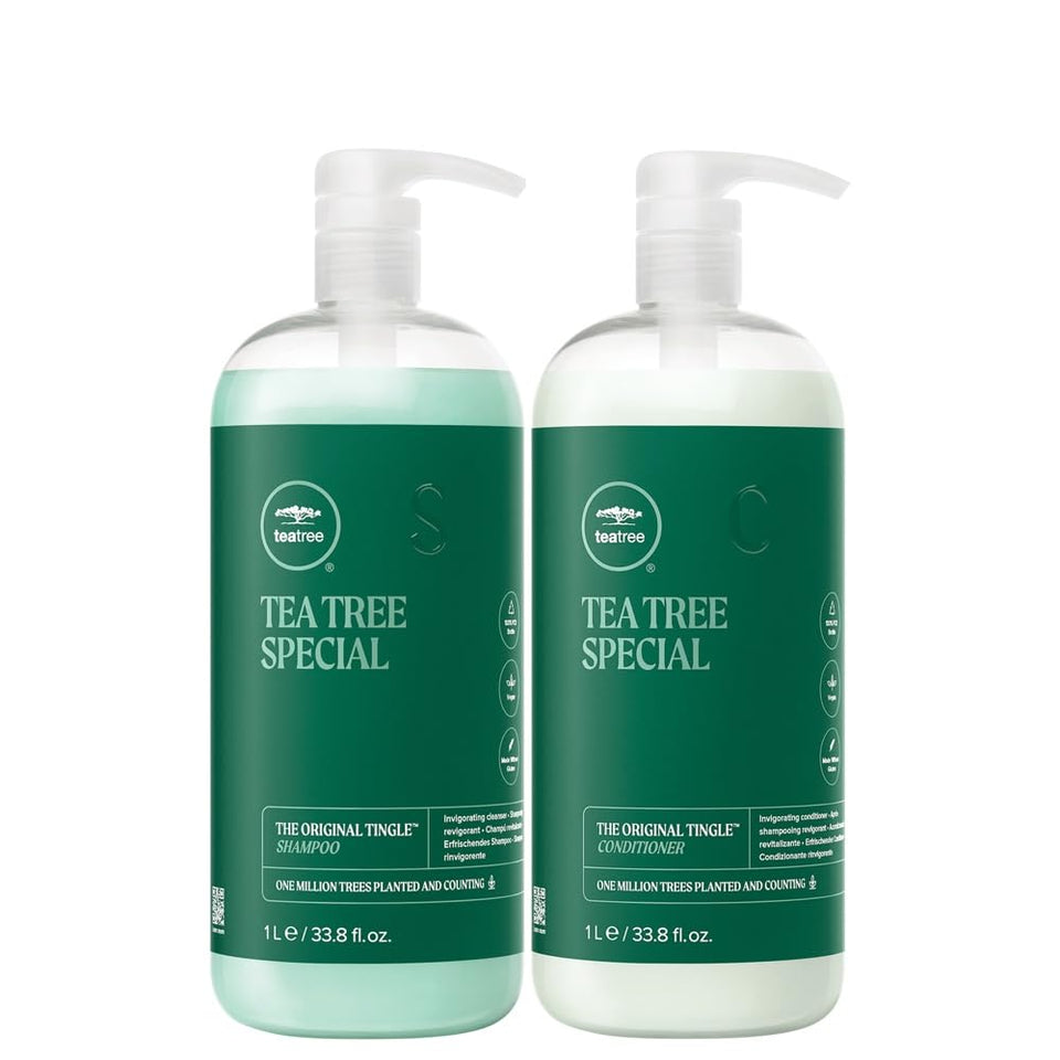 Tea Tree liter duo front packaging showing shampoo and conditioner, invigorating cleansing benefit