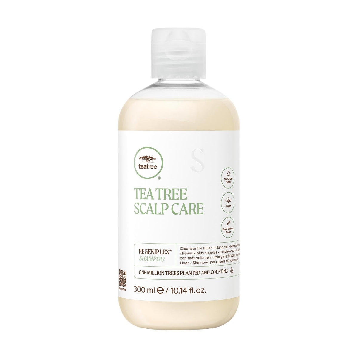 Tea Tree front packaging showing bottle and benefit for fuller-looking hair