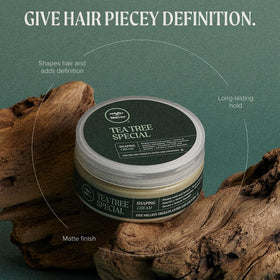 Tea Tree open jar showing creamy putty-like texture, easy to distribute