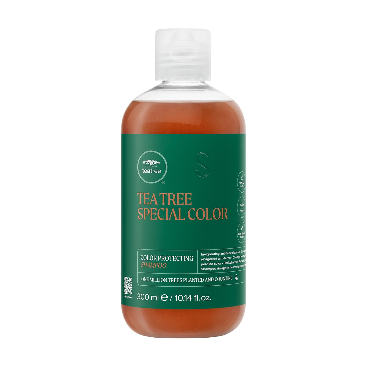 Tea Tree front bottle showing product and size, clear label benefit