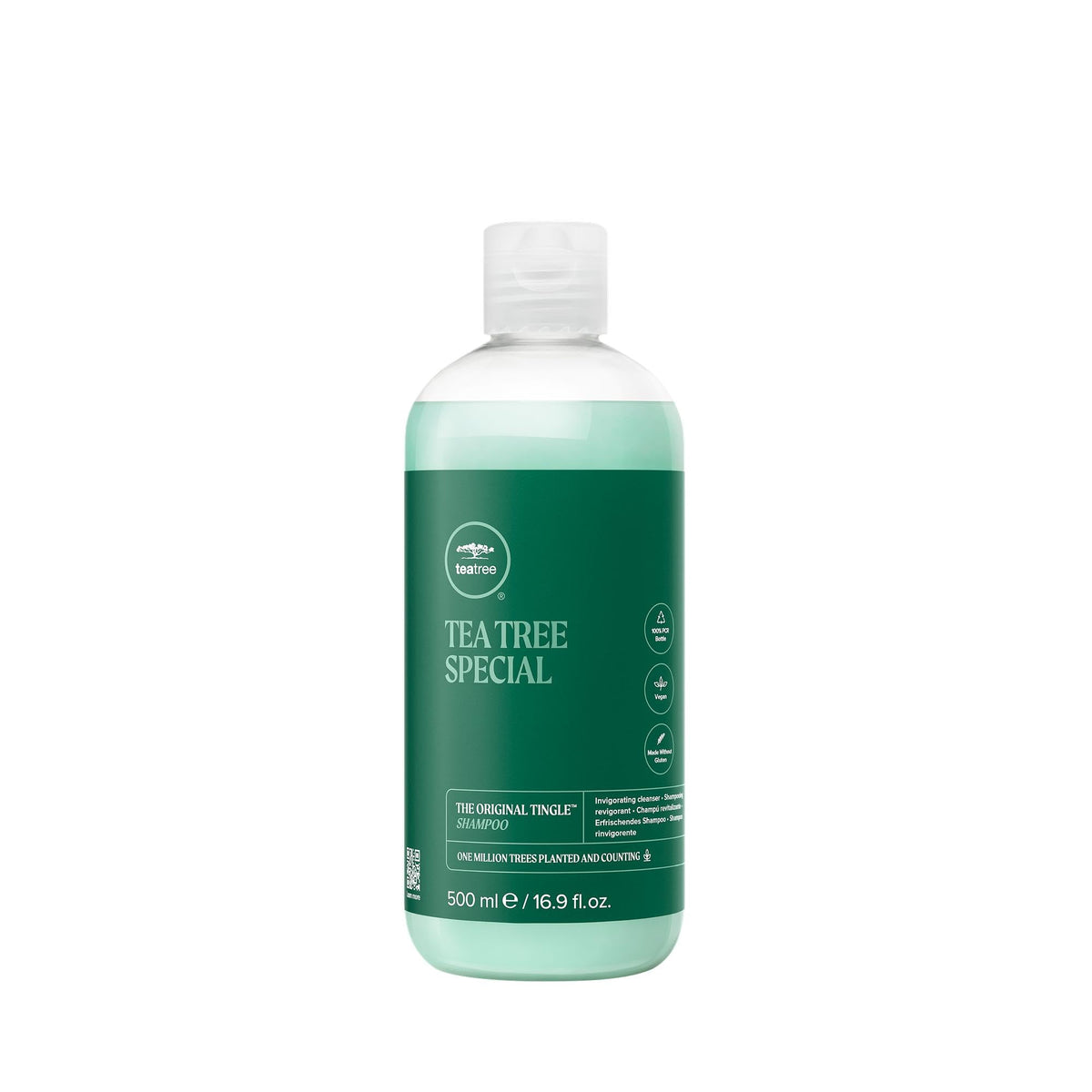Tea Tree front bottle showing product and refreshed hair benefit