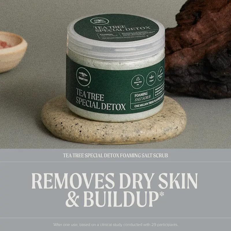 Tea Tree close-up of scrub texture showing exfoliating granules and foam benefit