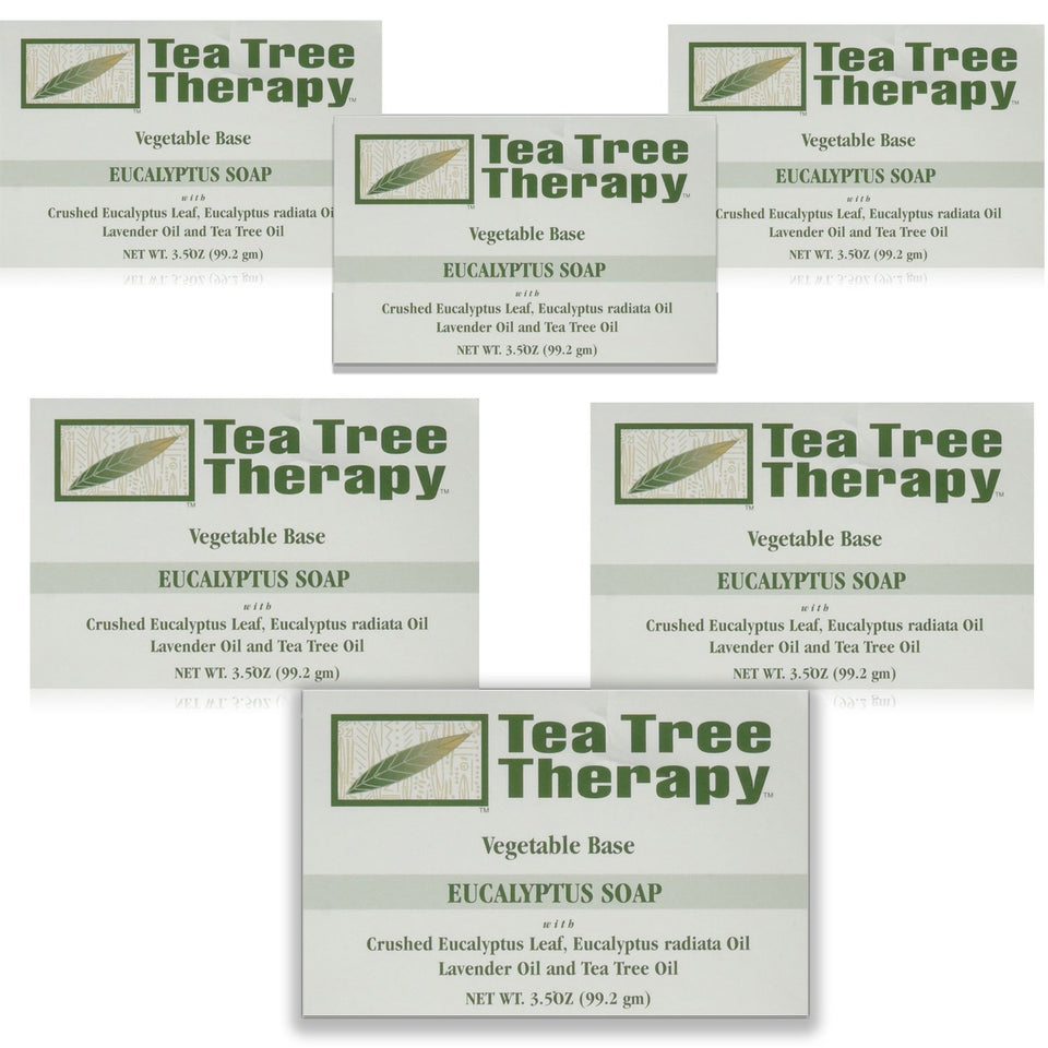 Tea Tree Therapy front packaging showing six eucalyptus vegetable base bars, clear labeling benefit