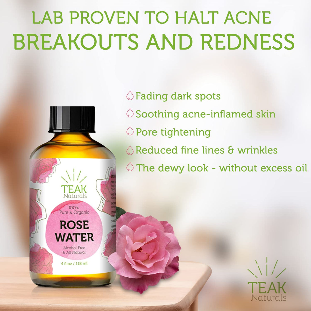 Teak Naturals label close-up displaying organic Moroccan rosewater ingredients
