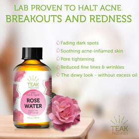 Teak Naturals label close-up displaying organic Moroccan rosewater ingredients
