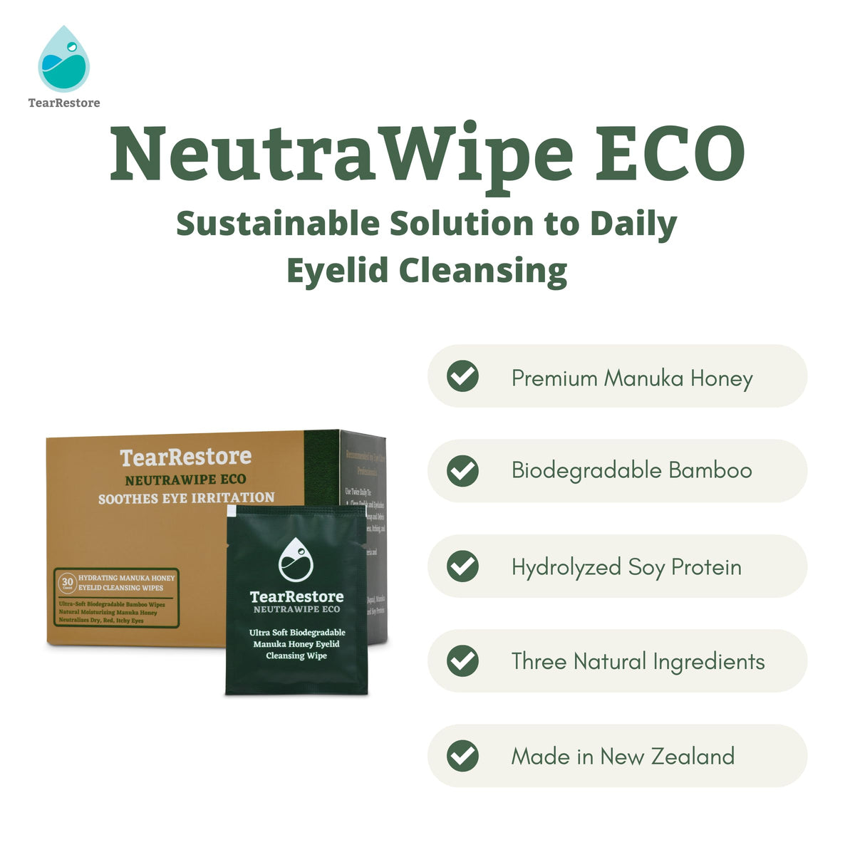 TearRestore bedside use scene showing travel-ready wipes for nightly relief