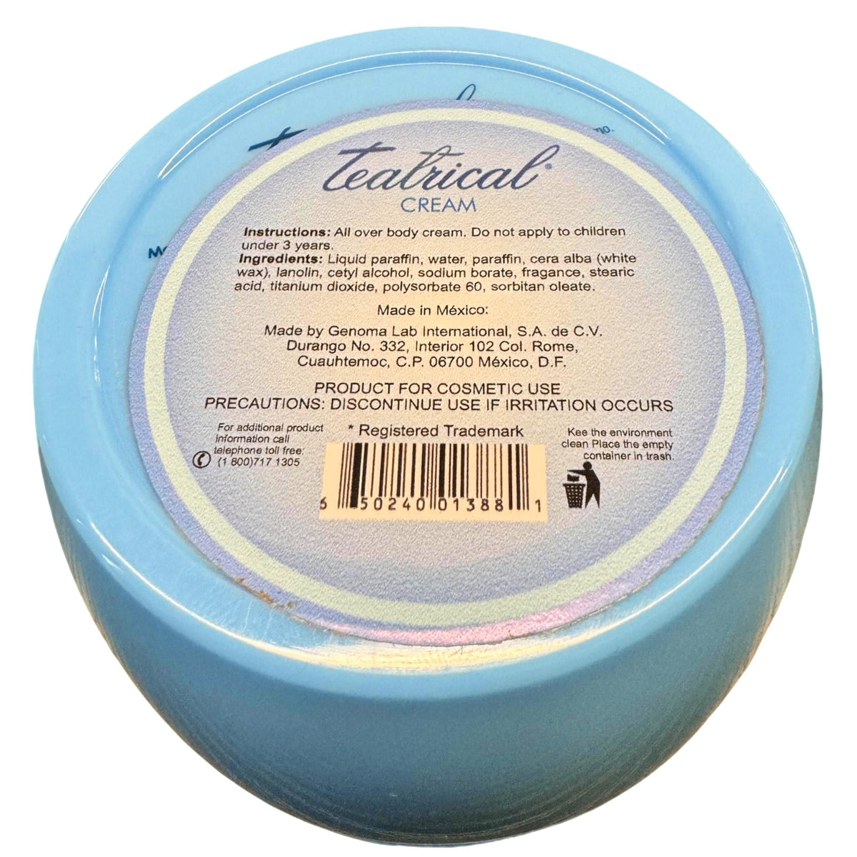 TEATRICAL label detail showing ingredient list and usage guidance for informed choice