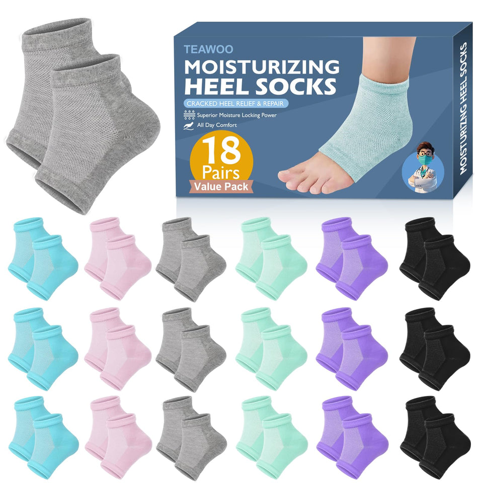 TEAWOO front view of packaged heel socks showing 18-pair value pack and benefits