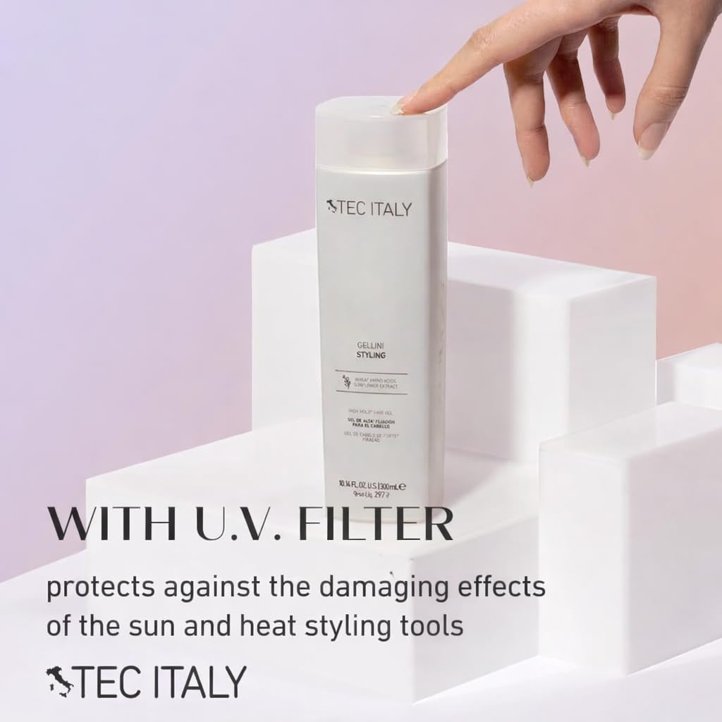 Tec Italy styling result wet-look on model demonstrating strong hold and sleek shine