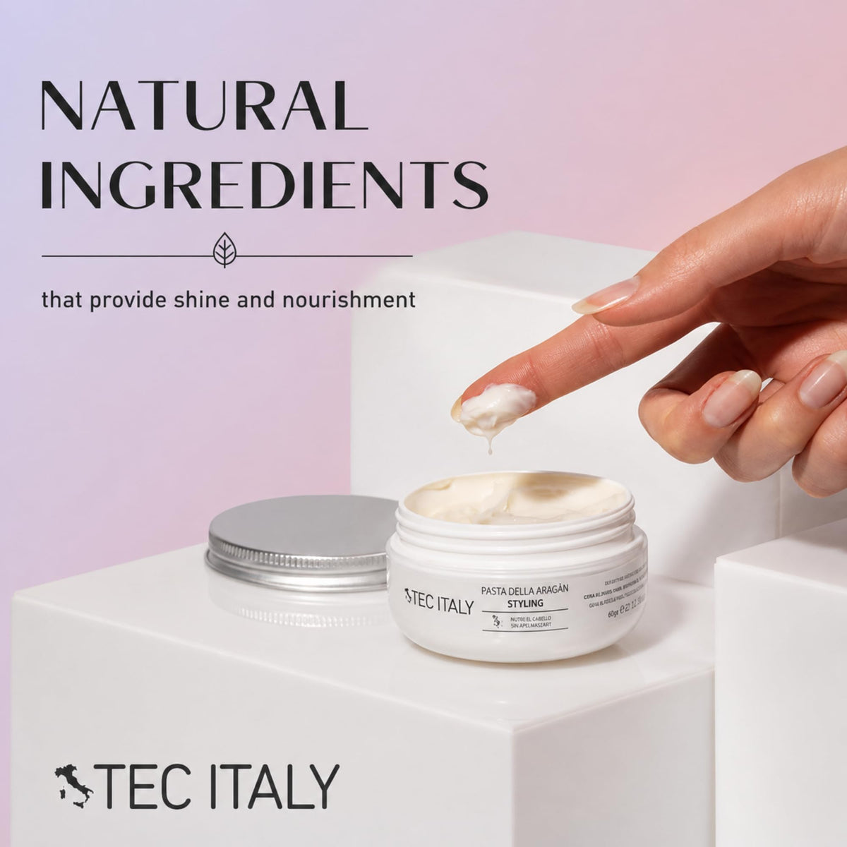 Tec Italy product used while styling hair showing control and natural matte finish benefit
