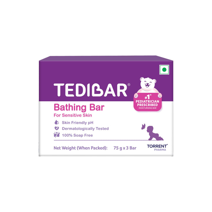 TEDIBAR front packaging showing three 75 g soap-free bars and contents benefit
